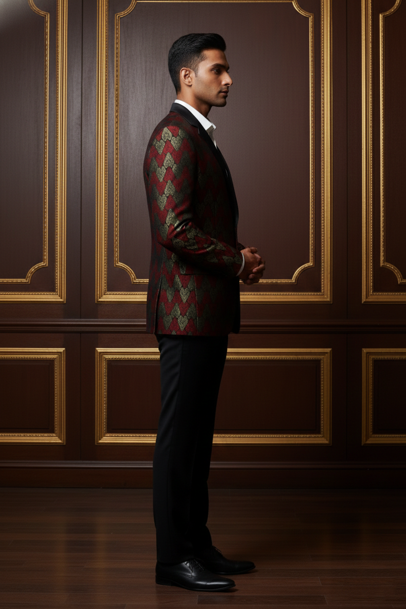 Men's Premium Maroon & Gold Brocade Tuxedo Blazer , Slim Fit Jacquard Party Wear Dinner Jacket