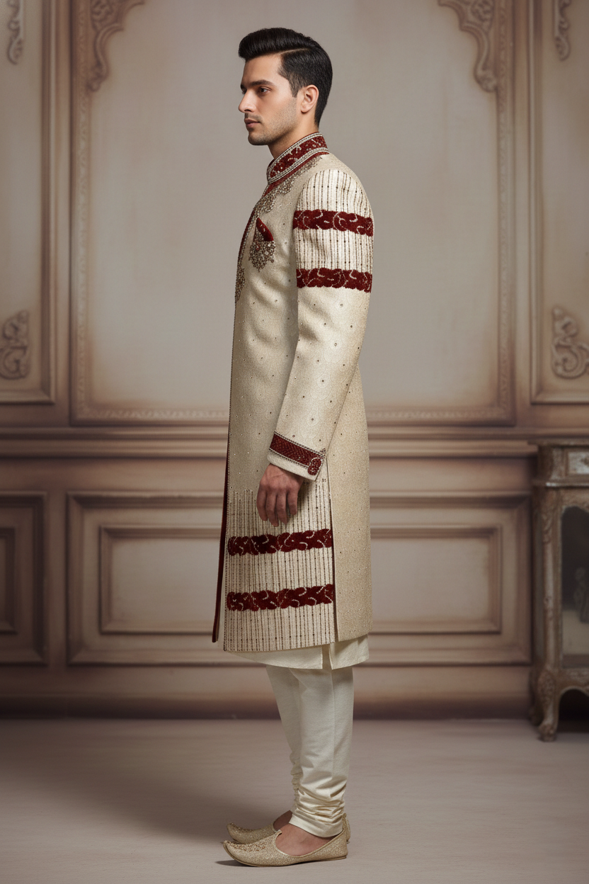 Men'sIvory & Maroon Embroidered Sherwani