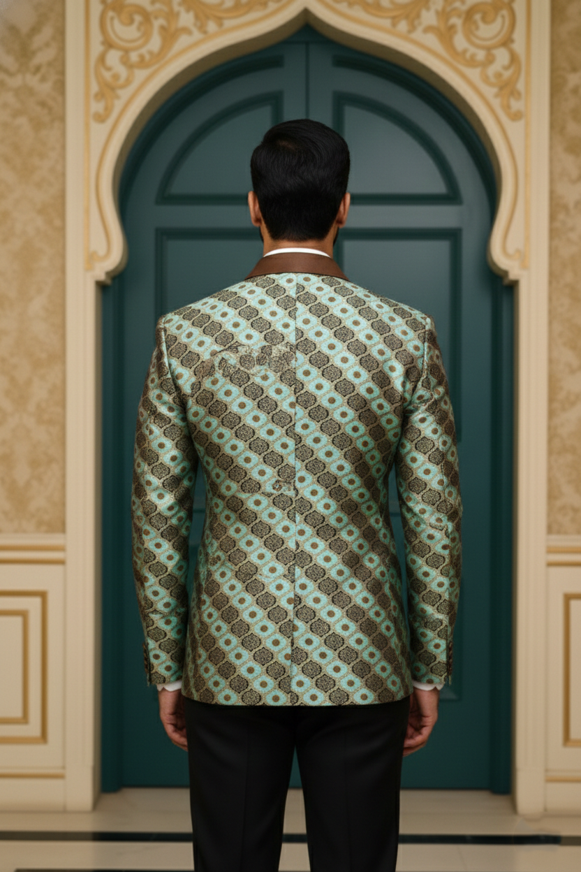 Men'sSeafoam Green & Antique Bronze Jacquard Tuxedo Blazer , Designer Ethnic Fusion