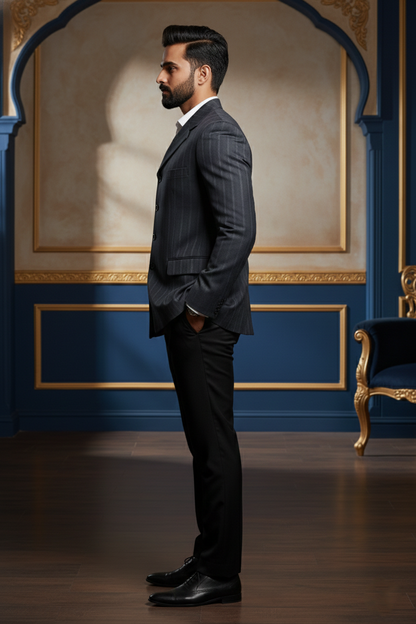 Dark Pinstripe Double-Breasted Suit  Jacket