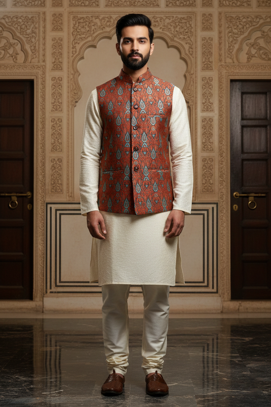 Men’s Rust Orange Printed Nehru Jacket | Ethnic Patterned Mandarin Collar Waistcoat for Festive & Wedding Wear