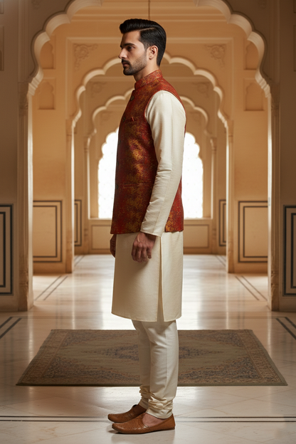 Men’s Red Printed Nehru Jacket Kurta Pajama