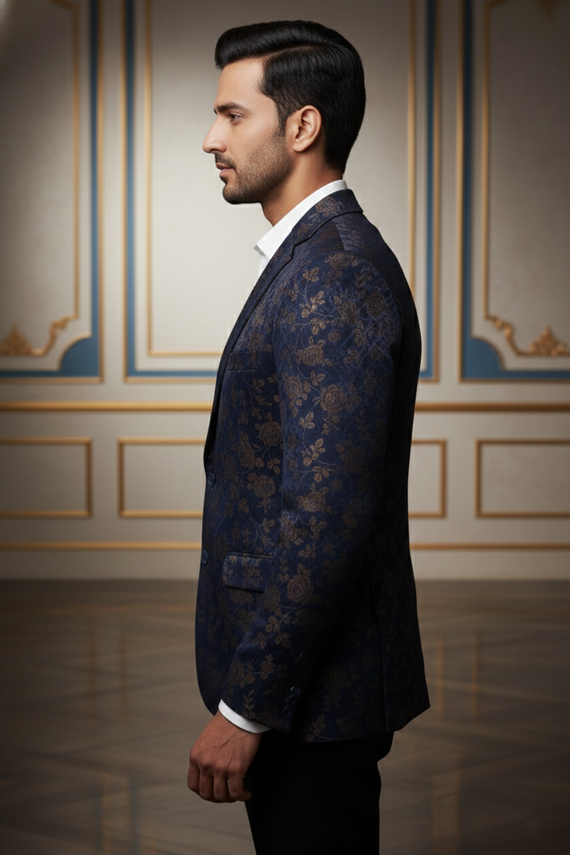 Dark Blue Floral Blazer with Notched Lapel & Two-Button Closure