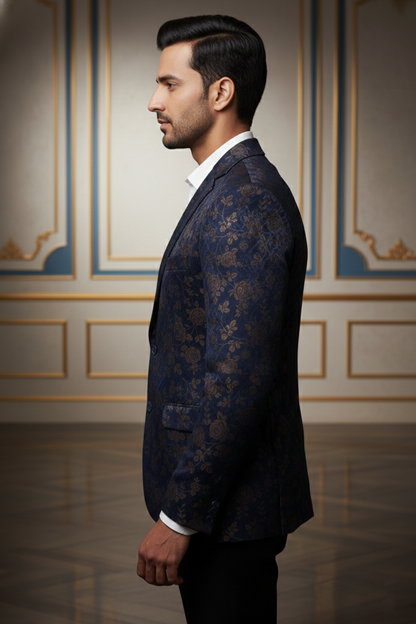 Dark Blue Floral Blazer with Notched Lapel & Two-Button Closure