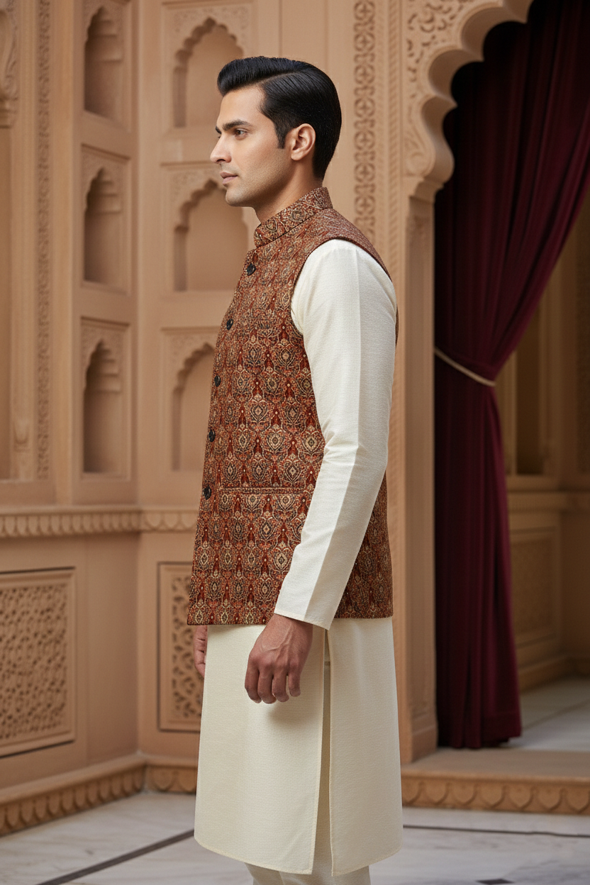 Men’s Rust Printed Nehru Jacket with Ivory Kurta