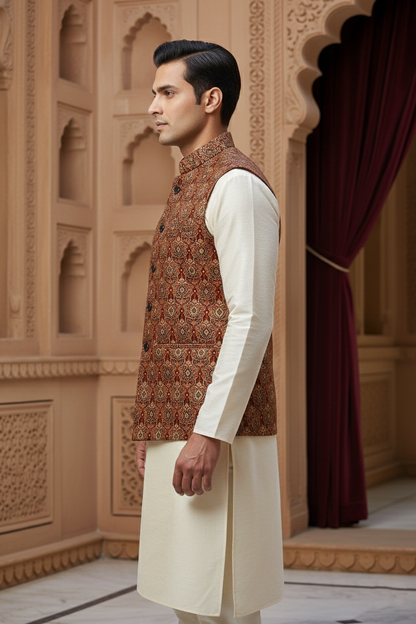 Men’s Rust Printed Nehru Jacket with Ivory Kurta