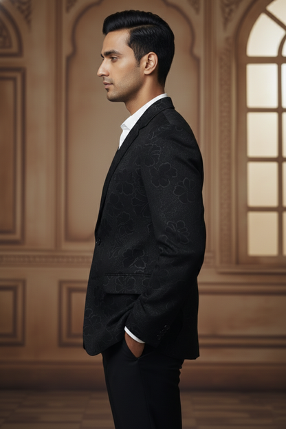 Black Double-Breasted Blazer with Subtle Floral Texture