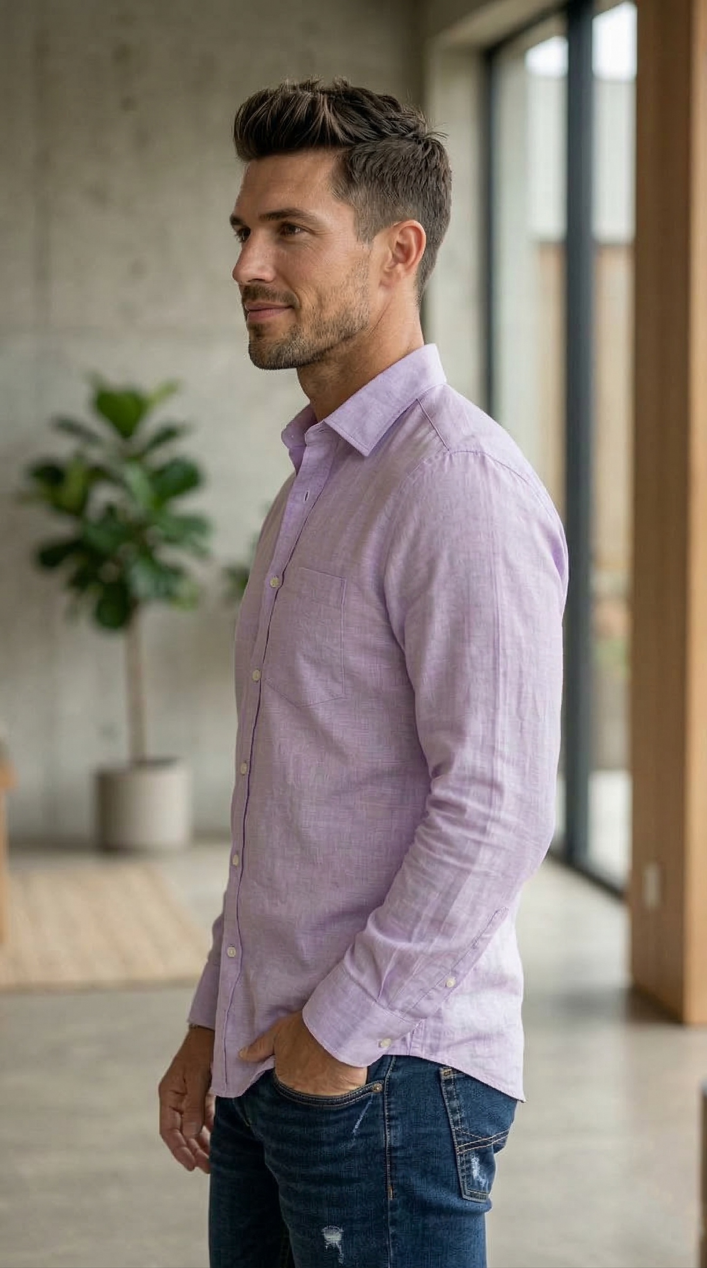 Men'sCasual Slim-Fit Linen-Cotton Shirt in Heathered Lavender