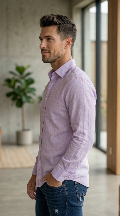 Men'sCasual Slim-Fit Linen-Cotton Shirt in Heathered Lavender