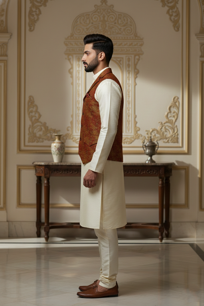 Men's Rust & Gold Brocade Waistcoat with Cream  Kurta Set