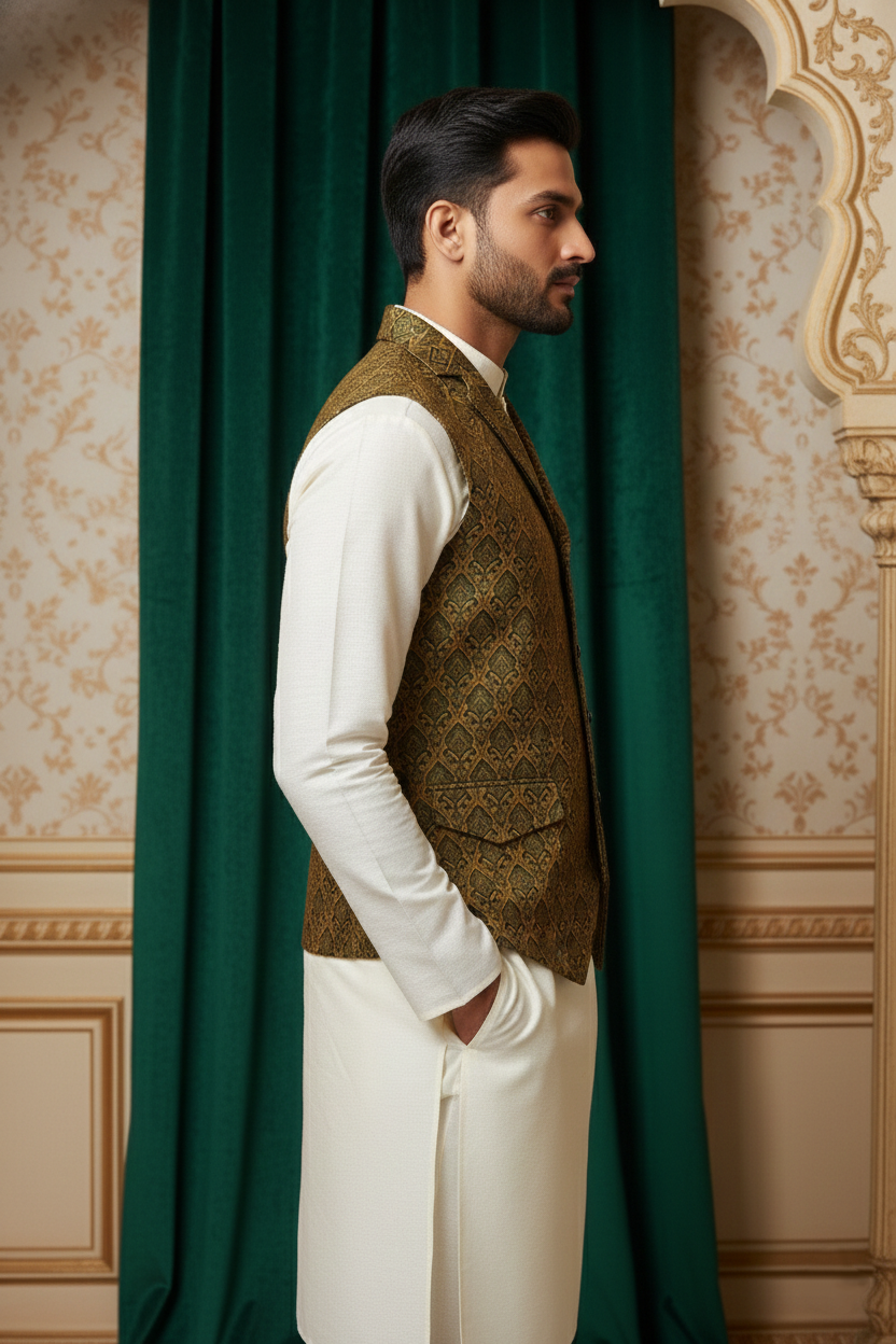 Designer Men’s Brocade Nehru Jacket | Traditional Wedding & Festival Wear  Sleeveless Waistcoat with Mandarin Collar