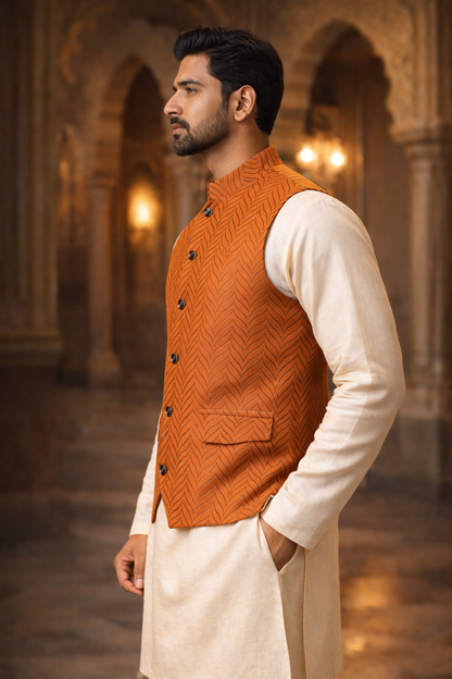 Men’s Rust Orange Chevron Nehru Jacket | Ethnic Wedding Festive Party Wear Mandarin Collar Sleeveless Waistcoat for Kurta & Indo-Western Outfit