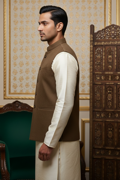 Mocha Brown Textured Nehru Jacket & Cream  Kurta Set