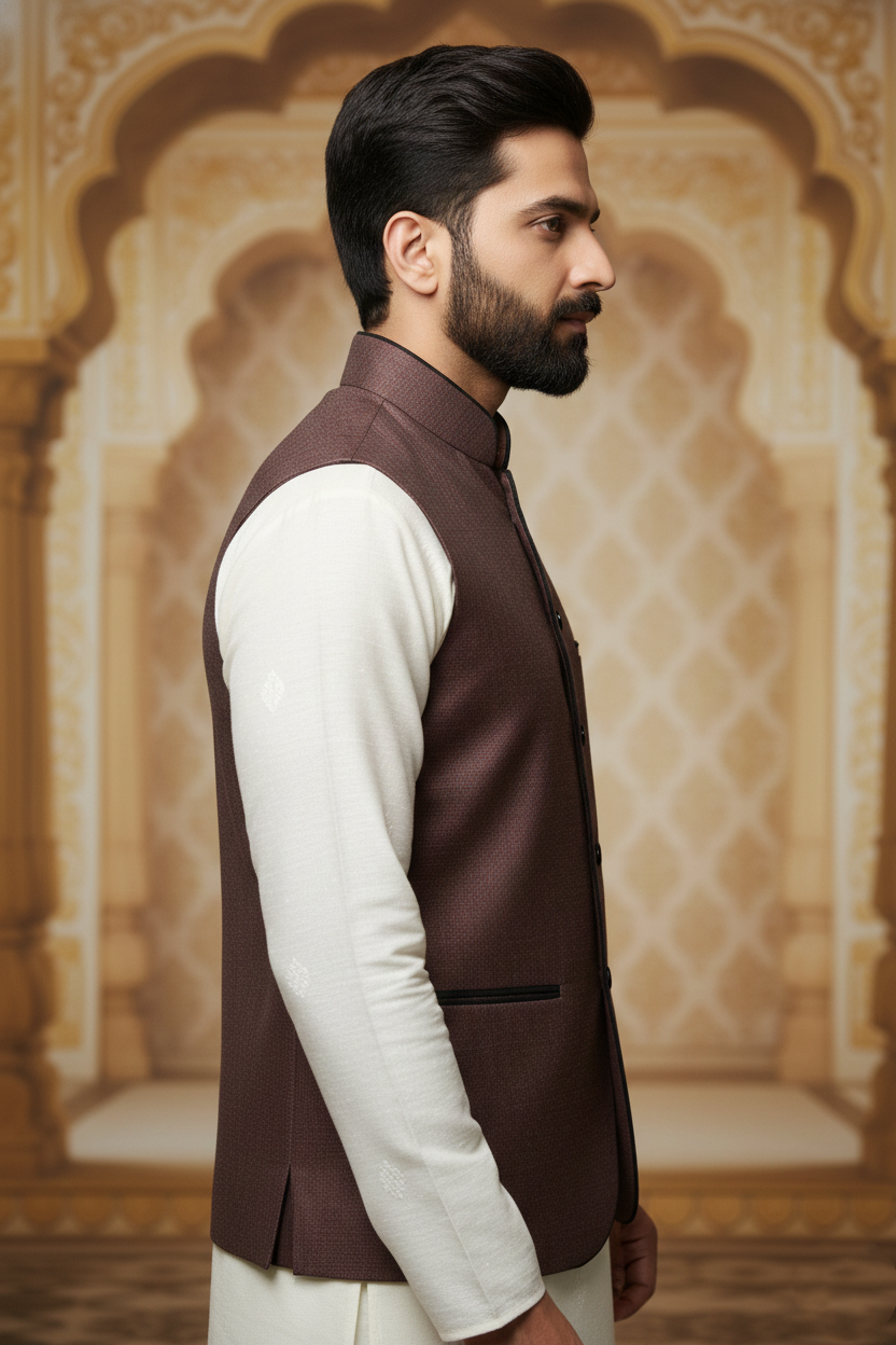 Men's Wine Red Textured Nehru Jacket – Slim Fit Minimalist Ethnic Waistcoat | Designer Modi Jacket for Weddings, Receptions & Festivals