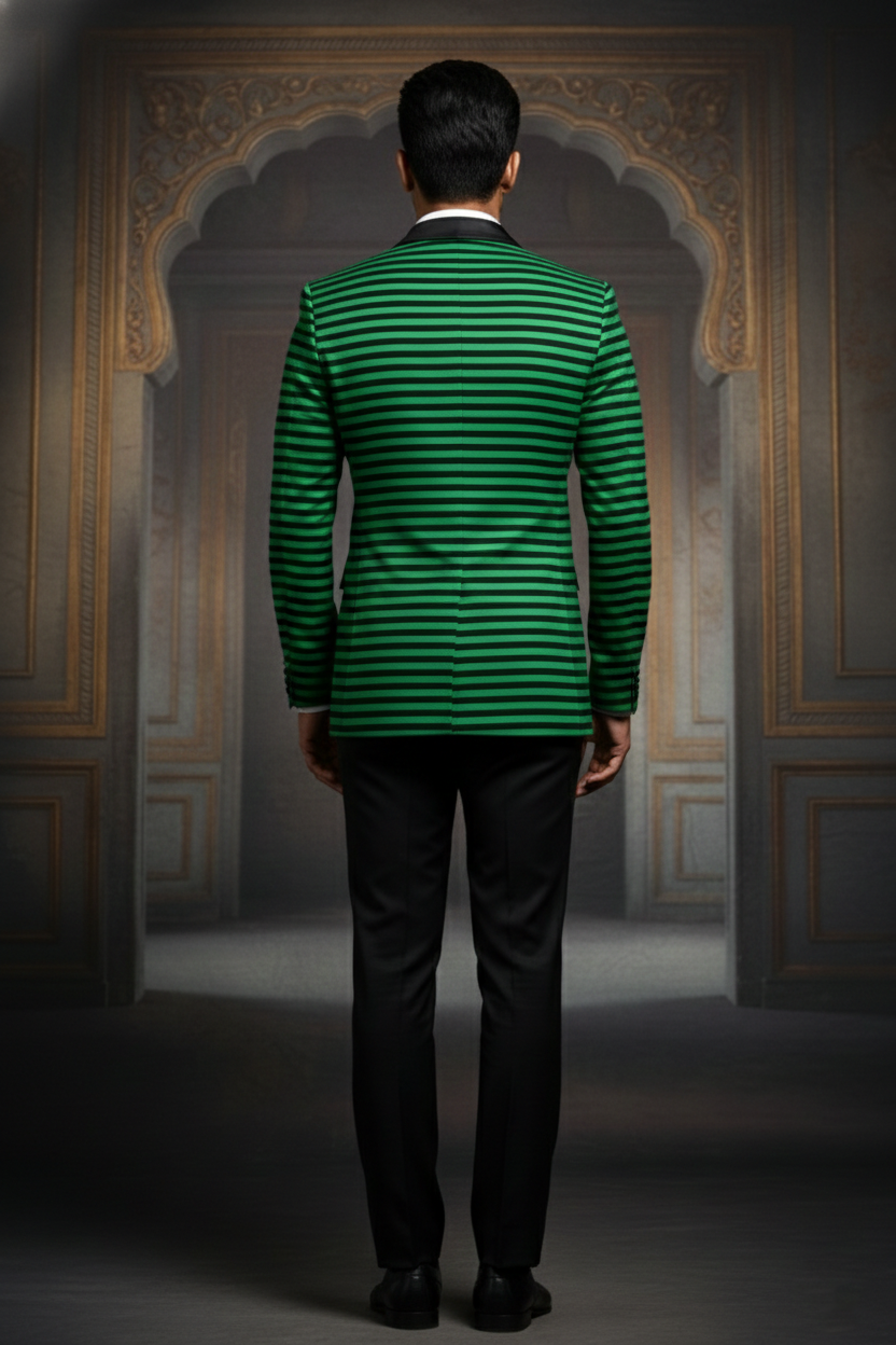 Green & Black Striped Shawl Blazer