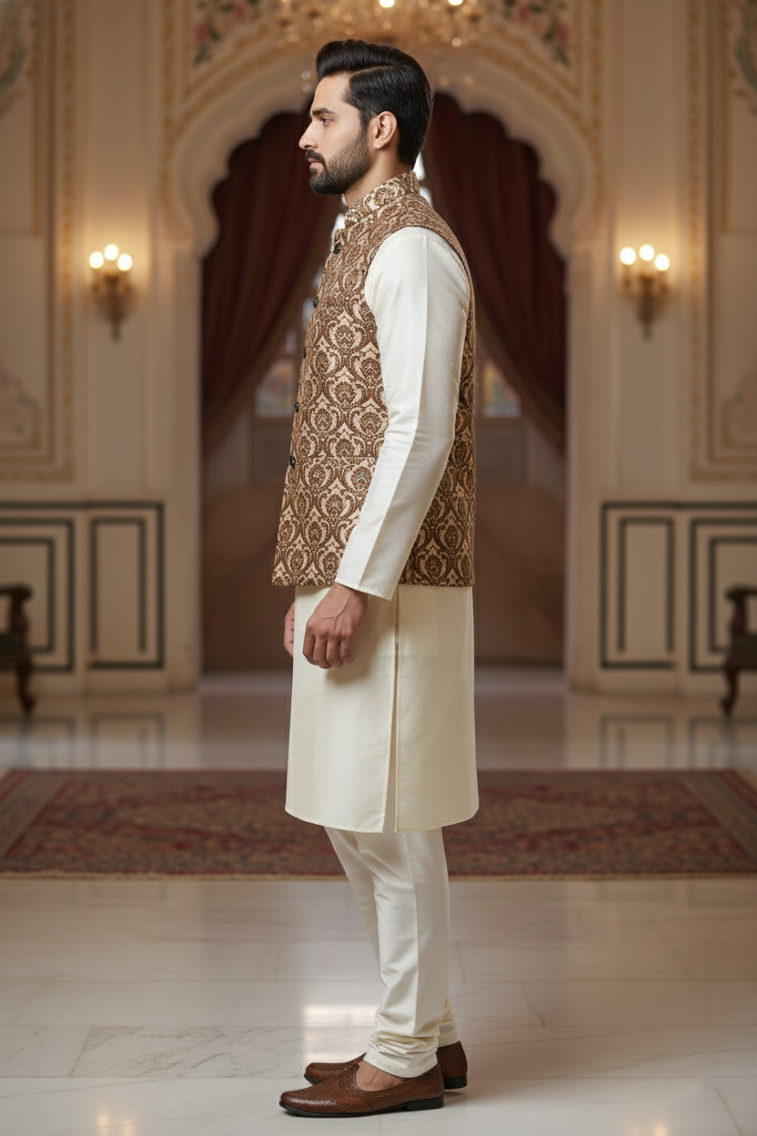 Men’s Beige Printed Nehru Jacket with Ivory Kurta