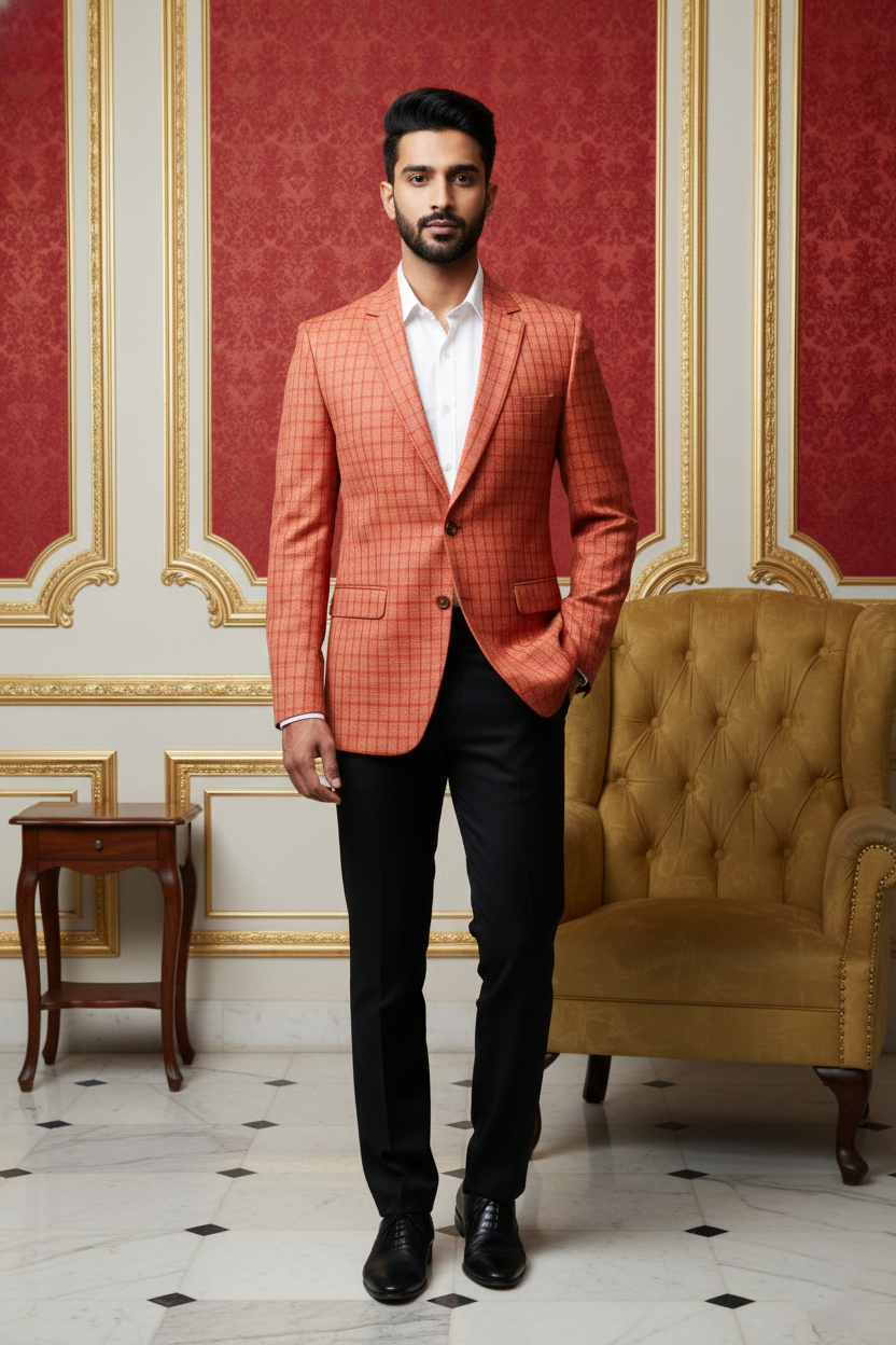 Red-Orange Grid Pattern Blazer