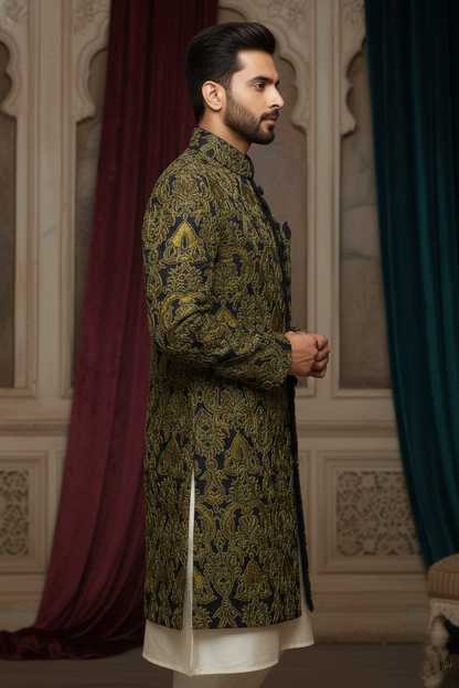 Black Sherwani with Golden Embroidery