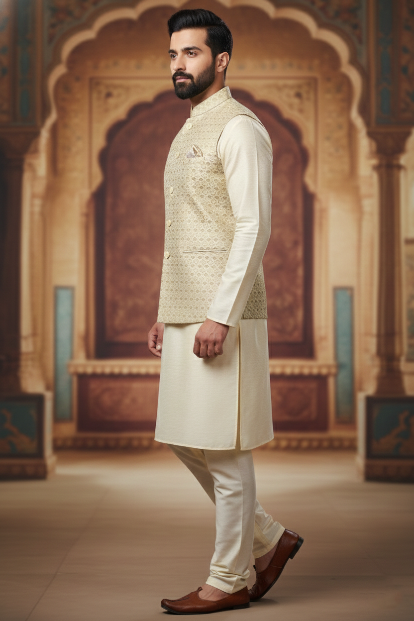 Beige Patterned Nehru Jacket with Pocket Square &  Cream Kurta Set
