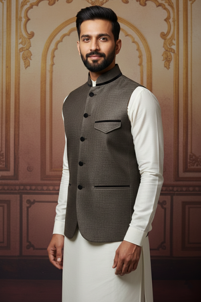 Dark Brown Waistcoat with Cream Kurta Set