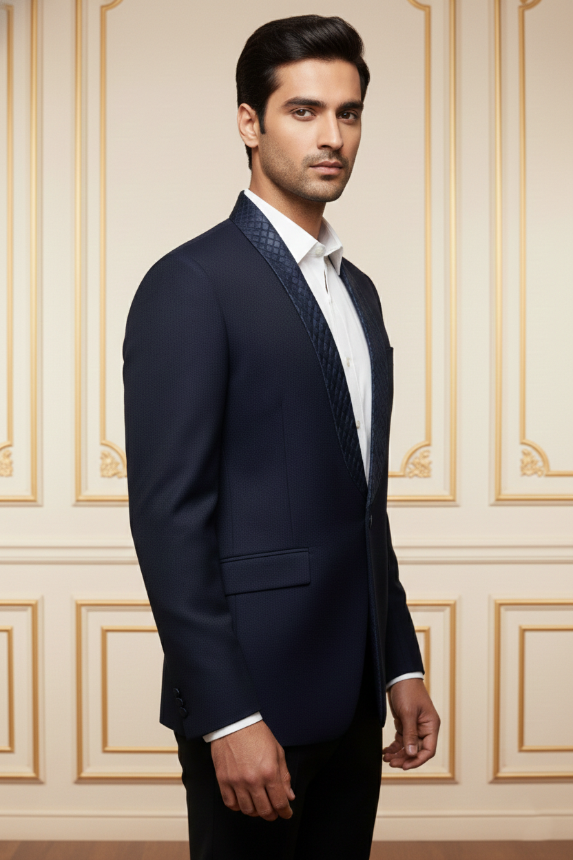Men'sNavy Blue Quilted Shawl Lapel Blazer