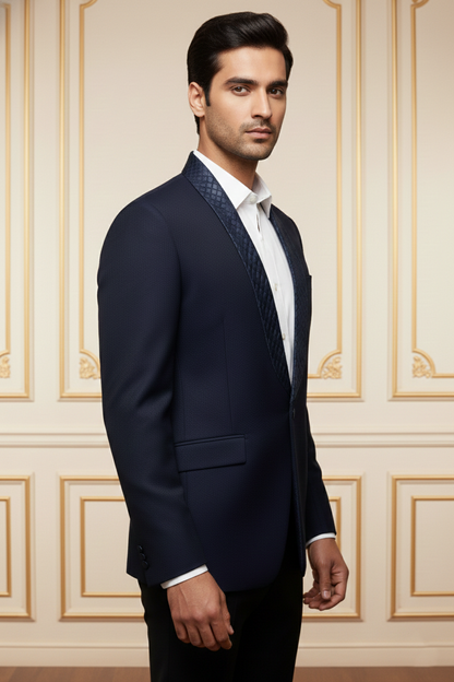 Men'sNavy Blue Quilted Shawl Lapel Blazer