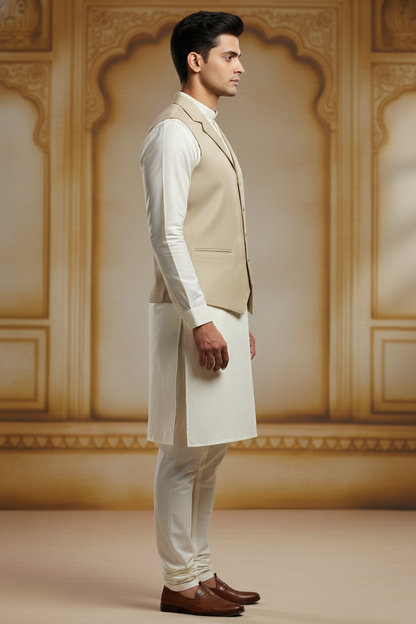 Men’s Beige Jacquard Silk Waistcoat with Notch Lapel | Slim Fit Festive Vest