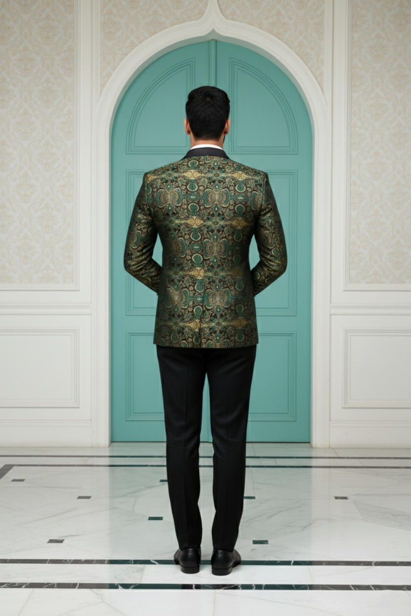 Men's Emerald Green & Gold Floral Jacquard Tuxedo Blazer , Premium Slim Fit Party Wear Dinner Jacket