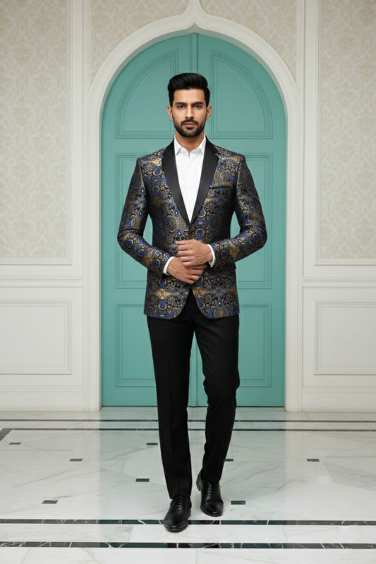 Midnight Blue & Gold Royal Paisley Jacquard Tuxedo Blazer