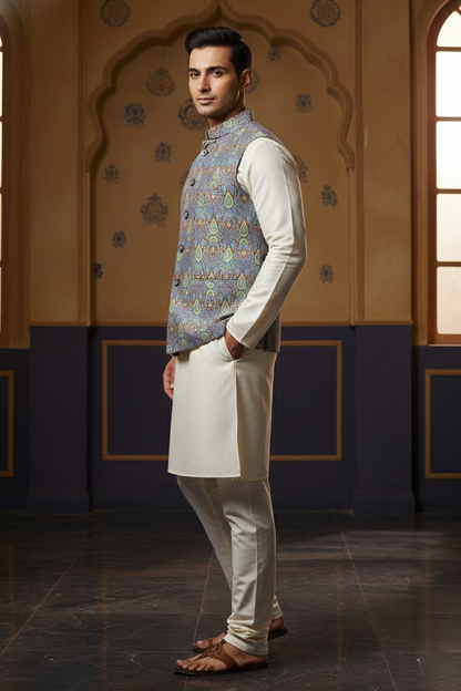 Men’s Blue Printed Nehru Jacket | Ethnic Mandarin Collar Waistcoat for Festive & Wedding Wear