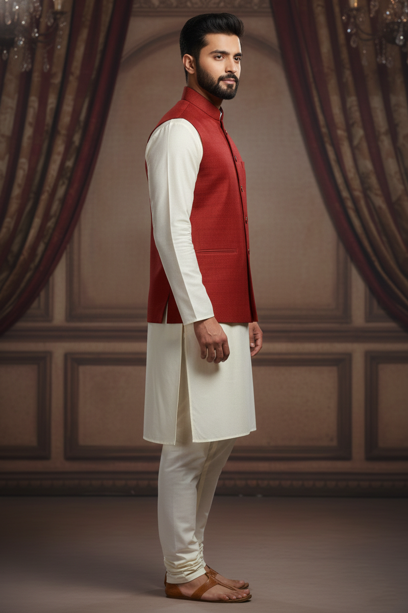 Classic Red Nehru Jacket with Cream Kurta Set