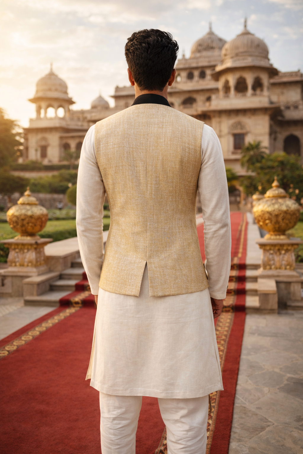 Product Title: Men’s Premium Khadi Textured Beige Nehru Jacket with Contrast Black Detailing