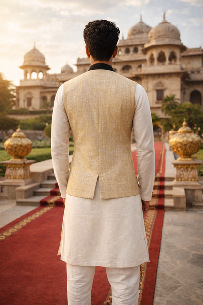 Product Title: Men’s Premium Khadi Textured Beige Nehru Jacket with Contrast Black Detailing