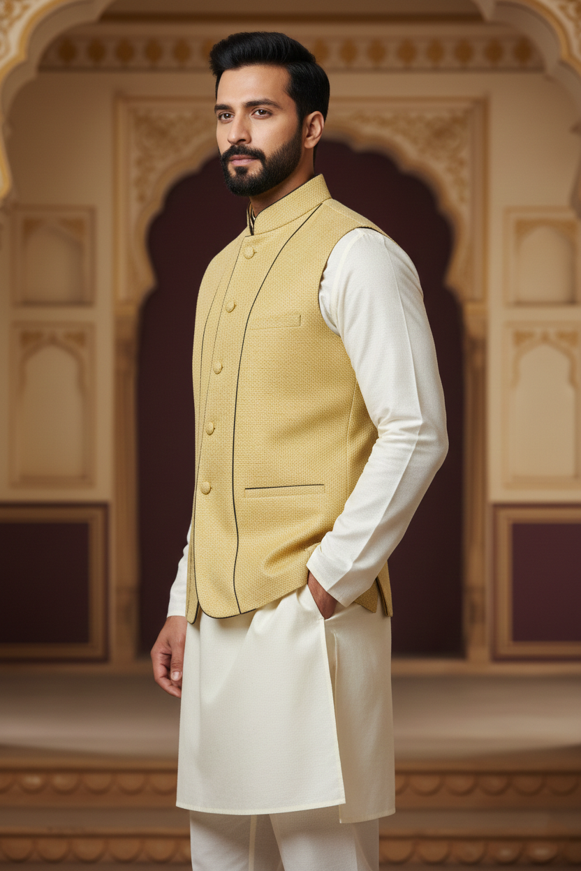 Mustard Nehru Jacket with Black Piping & Cream  Kurta Set