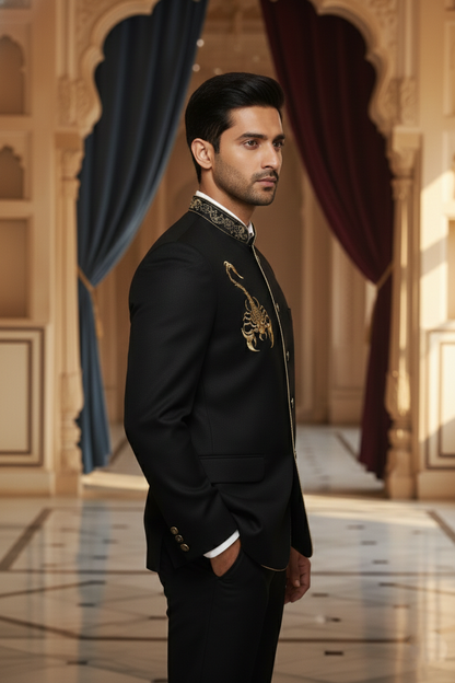 Men'sBlack Scorpion Embroidered Bandhgala