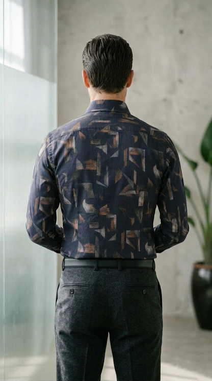 Designer Men'sAbstract Shattered Geometric Shirt , Navy & Copper Fragmented Print