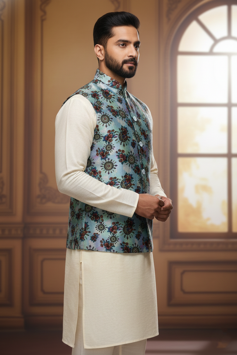 Men’s Teal Floral Nehru Jacket with Ivory Kurta Pajama