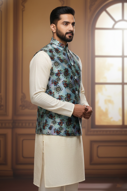 Men’s Teal Floral Nehru Jacket with Ivory Kurta Pajama