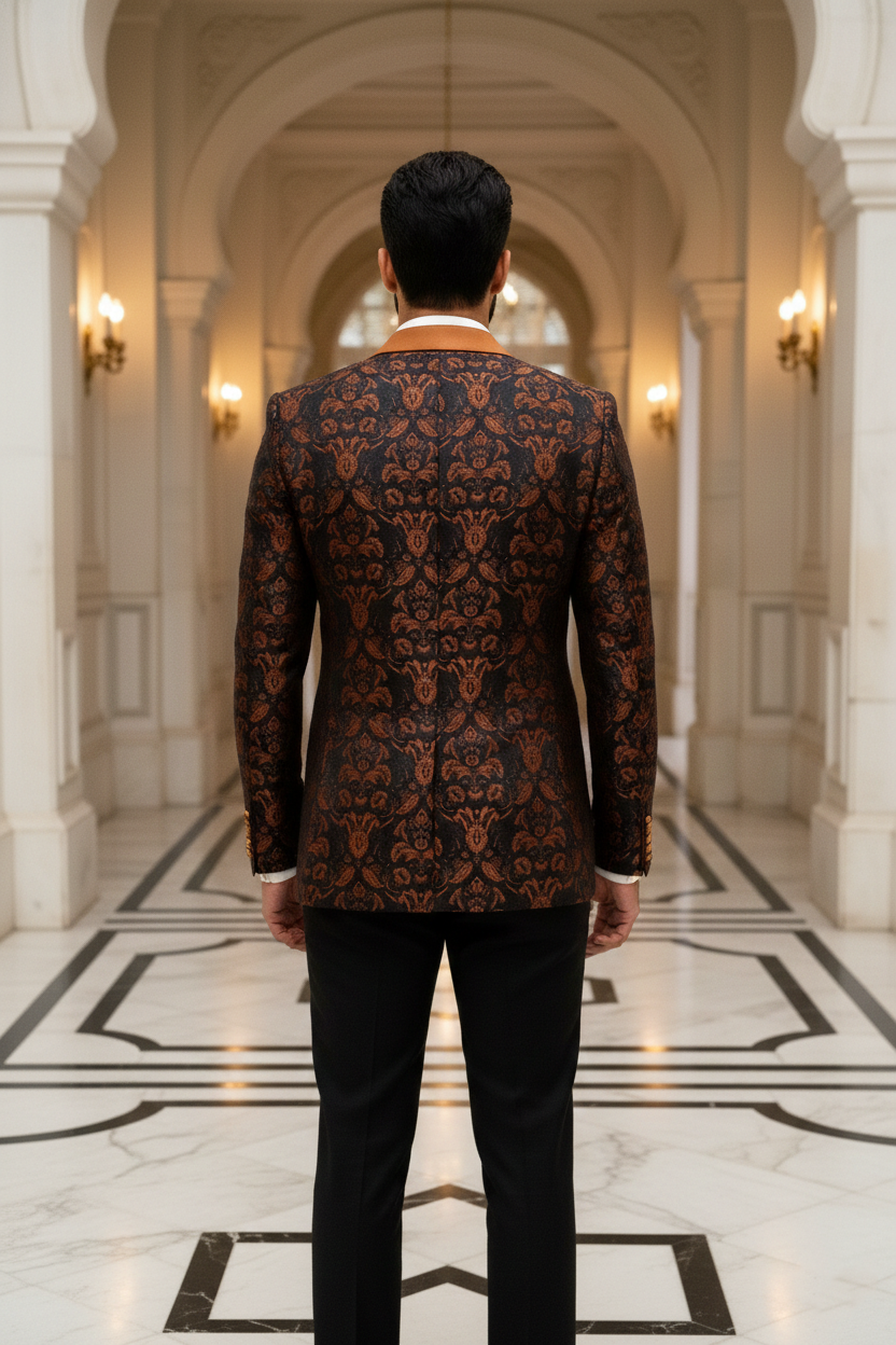 Men'sPremium Rust & Black Damask Jacquard Party Blazer , Slim Fit Tuxedo with Satin Shawl Lapel