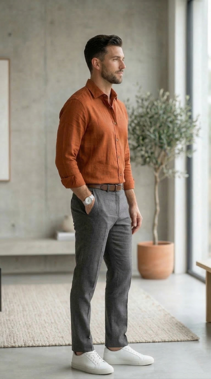 Men'sTerracotta Linen-Cotton , The Warm-Tone Casual Essential
