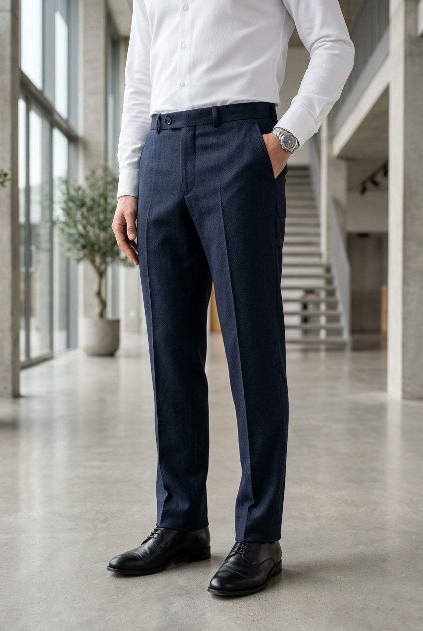 Men'sNavy Blue Herringbone Formal Trousers