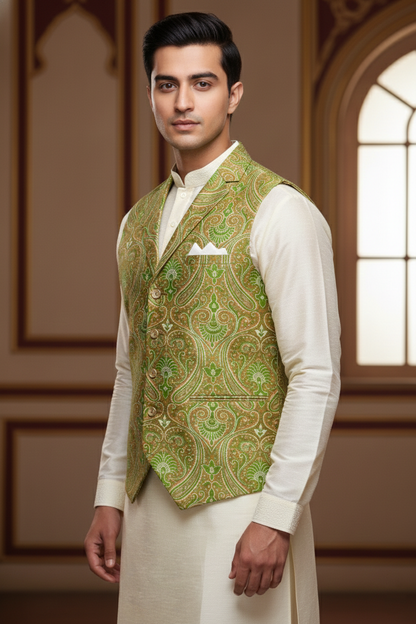 Men’s Green Brocade Nehru Jacket | Ethnic Wedding Festive Party Wear Mandarin Collar Sleeveless Waistcoat for Kurta & Indo-Western Outfit