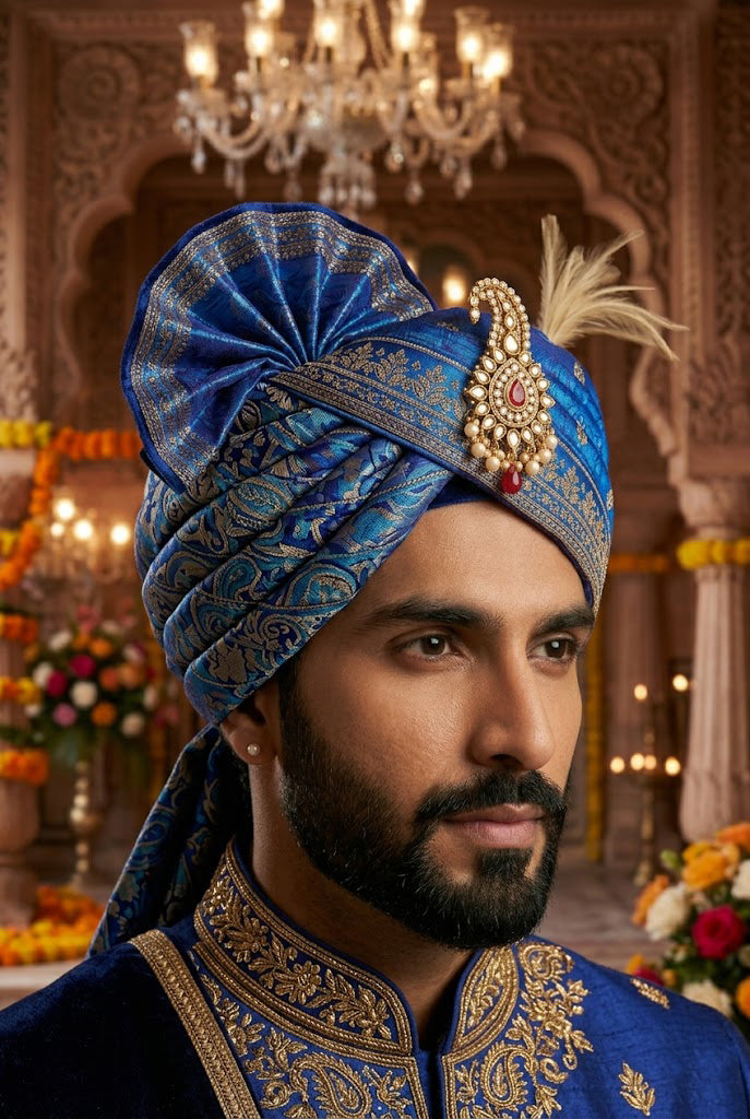 Royal Electric Blue Banarasi Silk Groom Turban