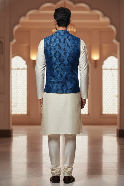 Men’s Dark Blue Jacquard Silk Waistcoat with Notch Lapel | Slim Fit Festive Vest
