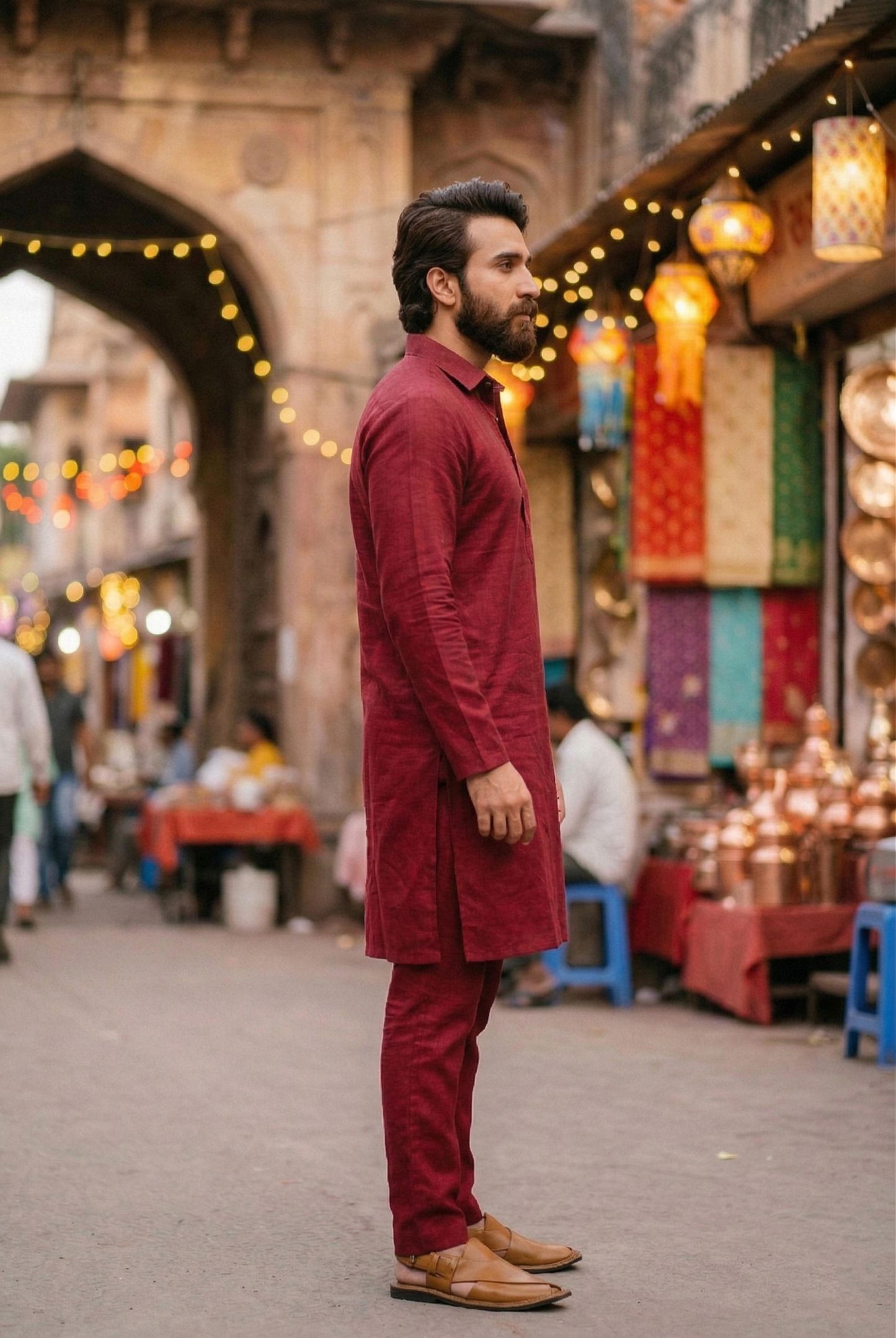 Men's Maroon Linen-Blend Plain Kurta Pajama Se