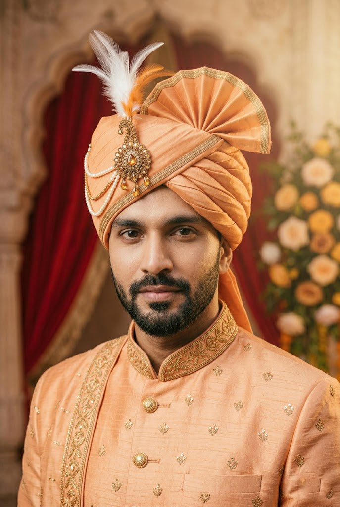 Royal Orange Raw Silk Groom Turban with Gold Zari