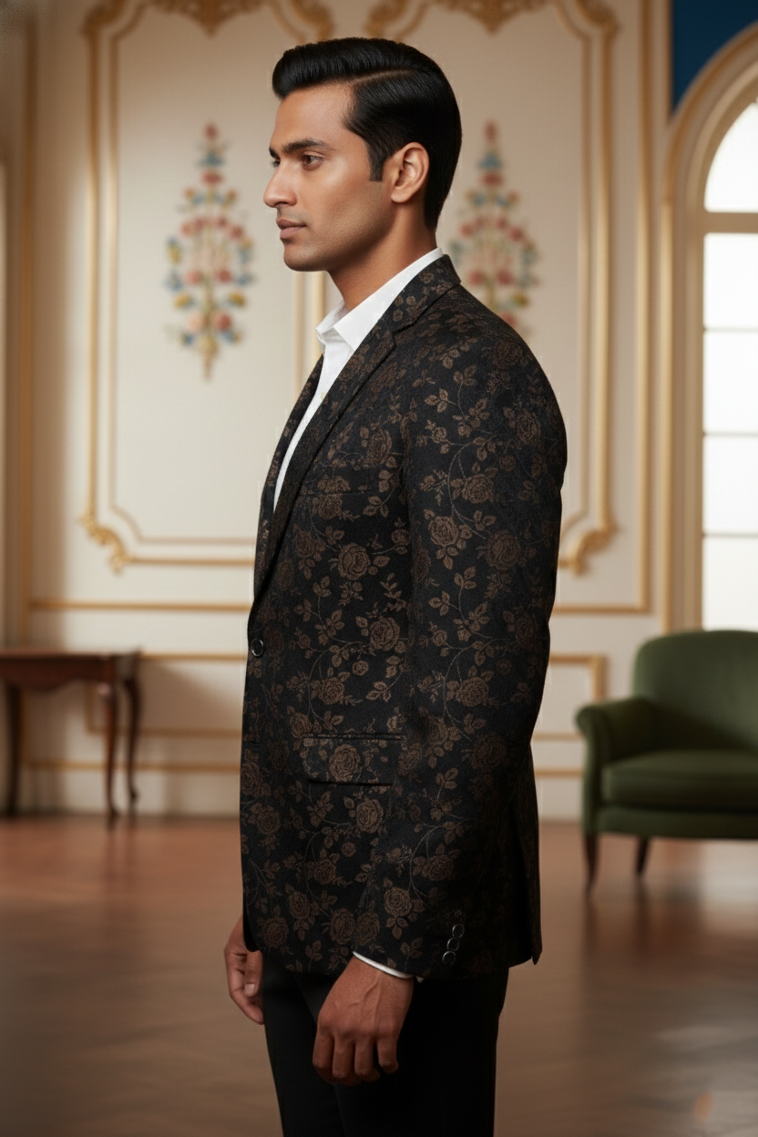Black Double-Breasted Floral Blazer with Notched Lapel