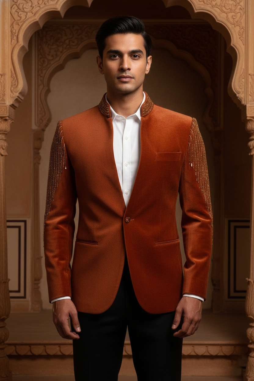 Rust Velvet Imperial Blazer with Beaded Mandarin Collar and Fringed Shoulder Accents