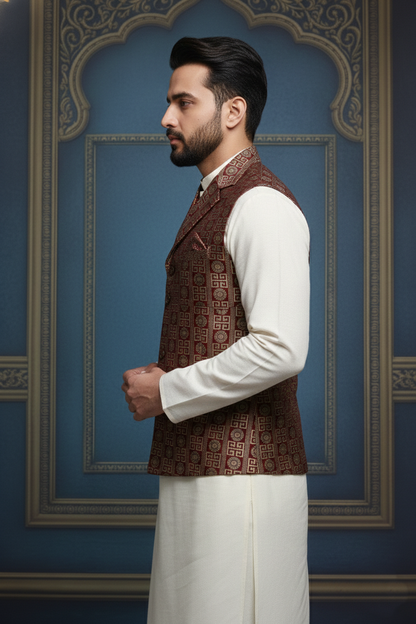 Men’s Maroon Designer Printed Waistcoat | Slim Fit Festive & Party Wear Vest