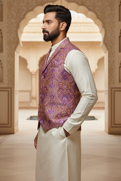 Men’s Purple Brocade Nehru Jacket | Ethnic Wedding Festive Party Wear Mandarin Collar Sleeveless Waistcoat for Kurta & Indo-Western Outfit